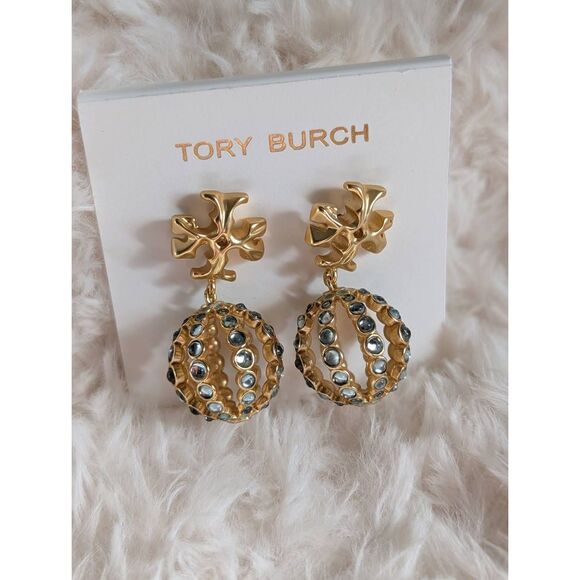 TORY BURCH Roxanne Crystal Ball Double T Logo Drop Earrings - Picture 2 of 5